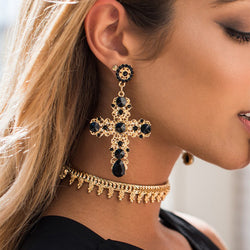 Over-sized Jeweled Cross Drop Earrings